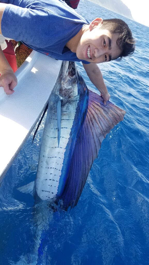 A vibrant sailfish caught and held on a boat over the ocean. Catching a beautiful Sailfish on a luxury sport fishing trip.