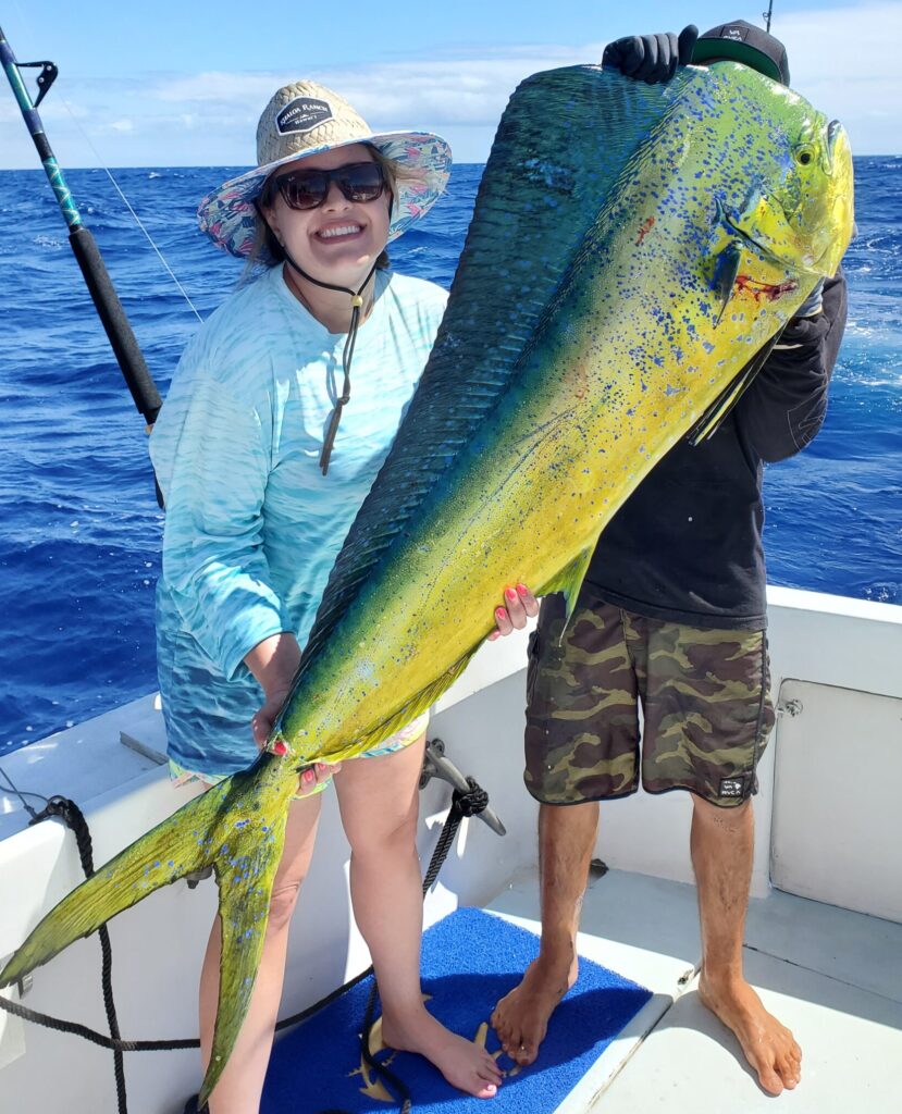 Person holding a large yellow and green fish on a boat. Huge Yellowfin Tuna caught on a sport fishing trip.